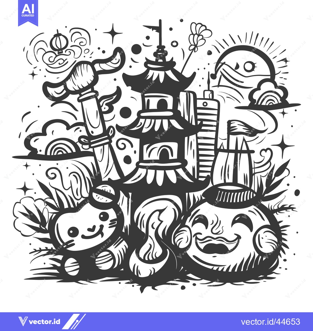 Premium Vector dari Hand-Drawn Doodle Illustration of a Cityscape with a Cat, Sun, and Pag