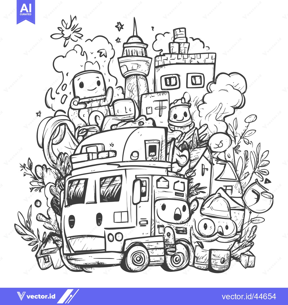 Premium Vector of Hand-drawn Doodle Illustration of a Cityscape with a Truck and Cartoon