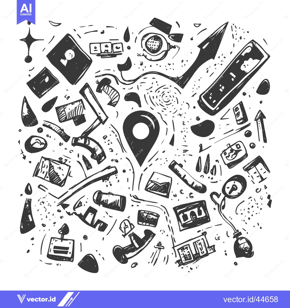 Premium Vector dari Hand-drawn Doodle Illustration of a Location Pin Surrounded by Abstrac