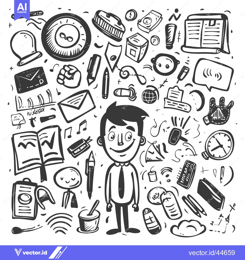 Premium Vector dari Hand-Drawn Doodle Illustration of a Man Surrounded by Various Objects