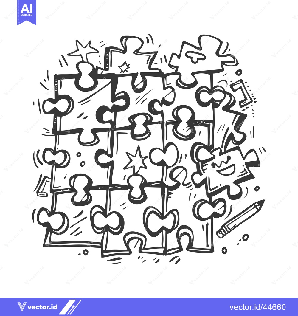 Premium Vector dari Hand-drawn Doodle Illustration of a Puzzle with a Smiling Piece and Ot
