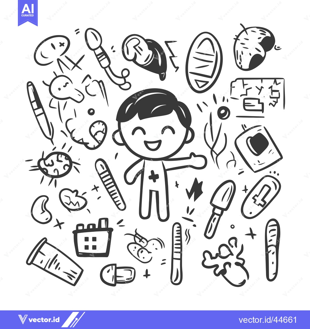 Premium Vector dari Hand-drawn Doodle Illustration of a Smiling Doctor Surrounded by Medic