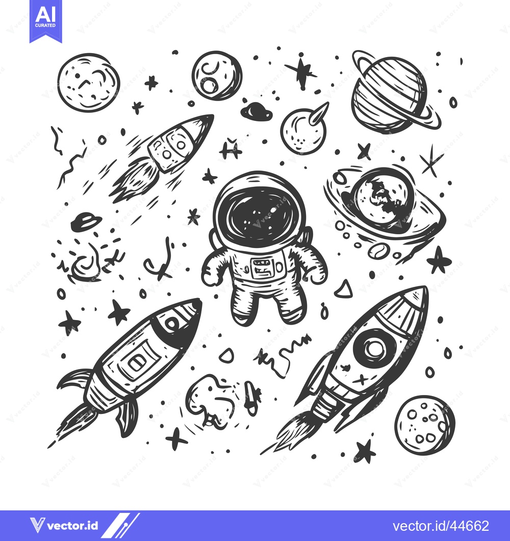 Premium Vector dari Hand-Drawn Doodle Illustration of Astronaut, Rockets, and Planets in S