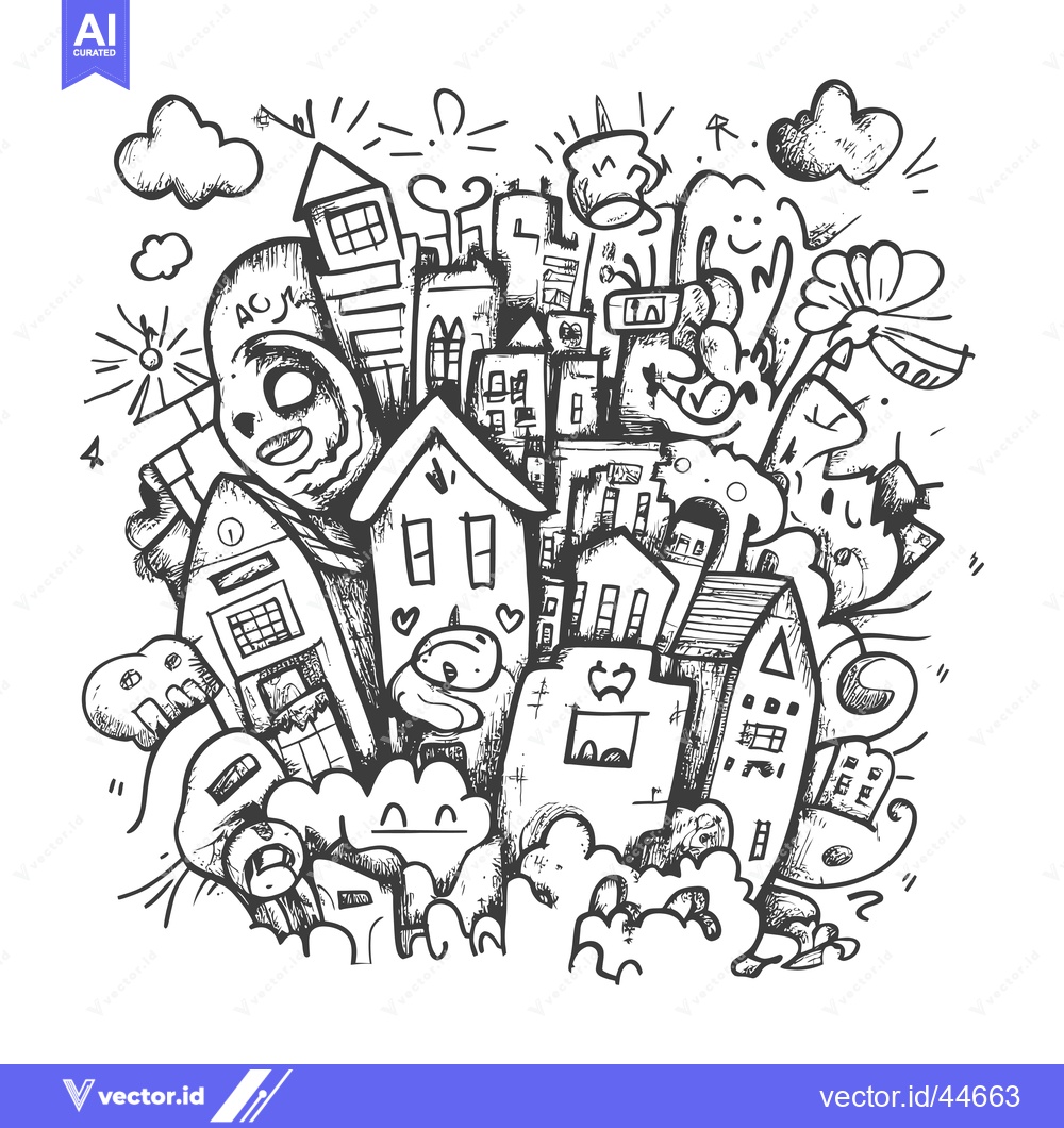 Premium Vector dari Hand-drawn doodle illustration of a whimsical town with quirky charact