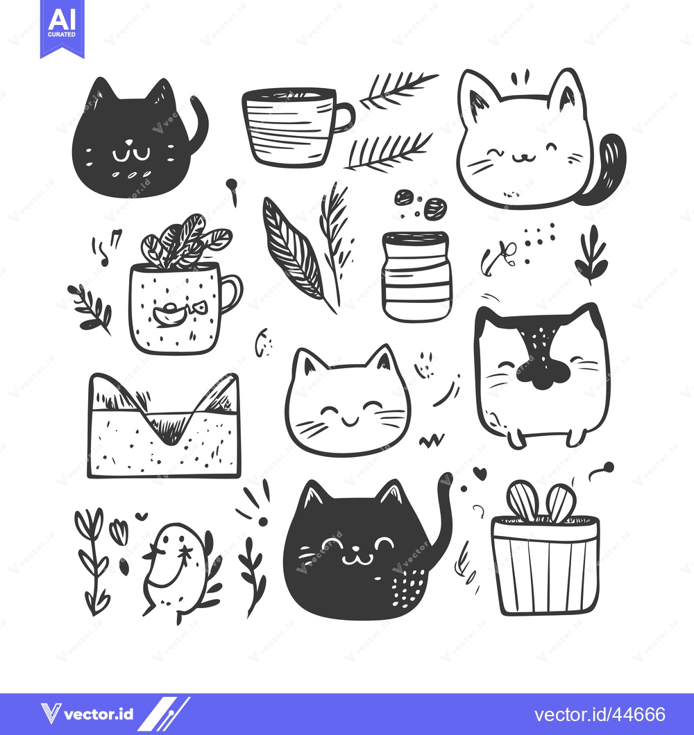 Premium Vector dari Hand-Drawn Doodle Illustration of Cats, Plants, and Other Cute Objects