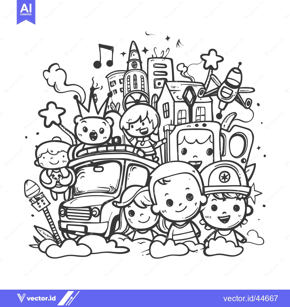 Premium Vector dari Hand-drawn doodle illustration of children with cityscape, vehicles, a