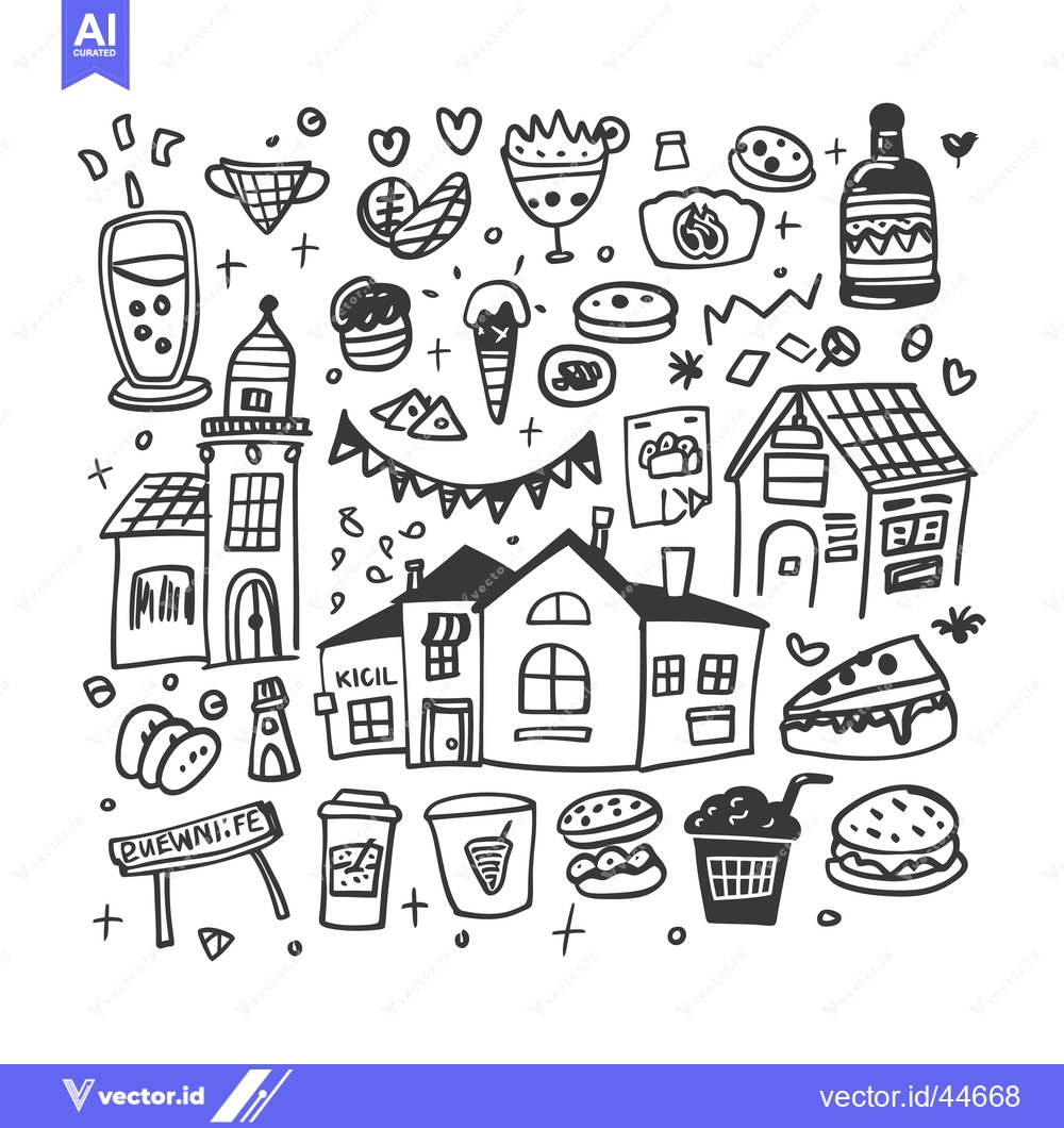 Premium Vector of Hand-drawn Doodle Illustration of Cityscape with Food and Drink Elemen