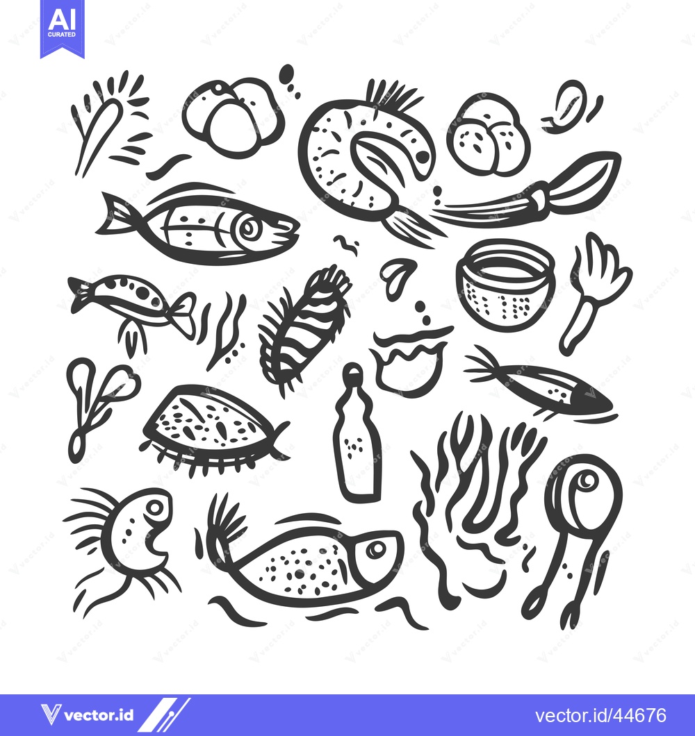 Premium Vector dari Hand-drawn Doodle Illustration of Fish, Seaweed, and Other Underwater