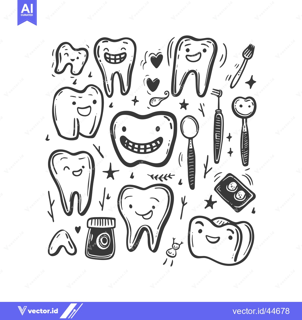 Premium Vector dari Hand-Drawn Doodle Illustration of Happy Teeth and Dental Care Tools