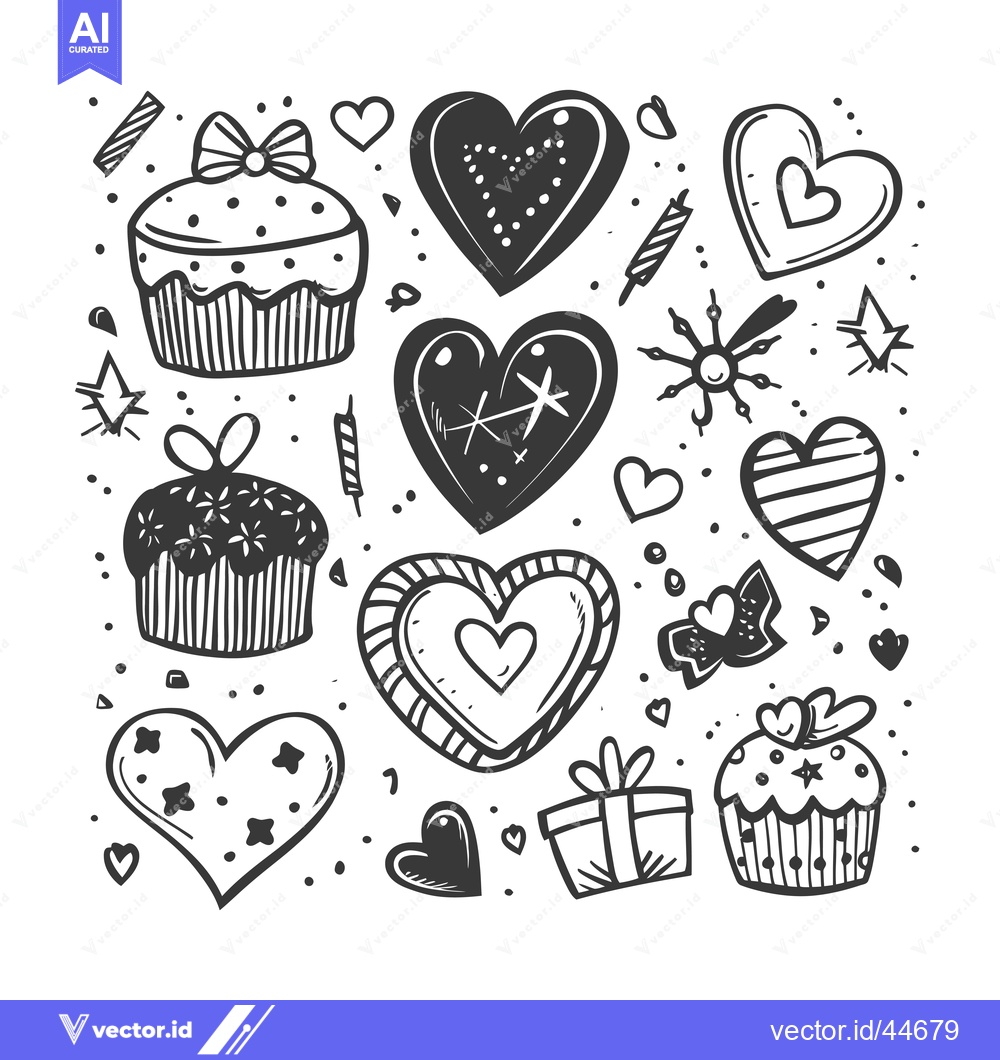 Premium Vector dari Hand-drawn Doodle Illustration of Hearts, Cupcakes, and Presents