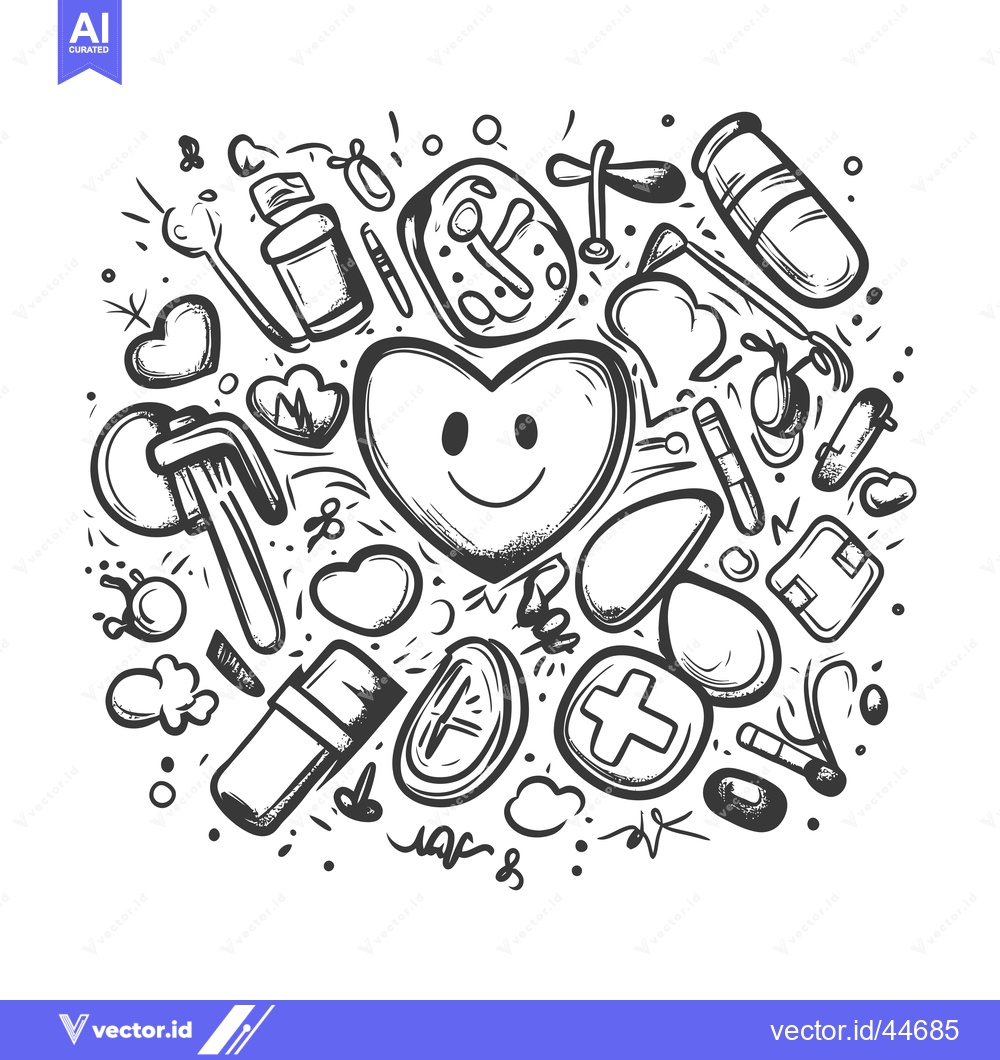 Premium Vector of Hand-Drawn Doodle Illustration of Medical Supplies and a Smiling Heart
