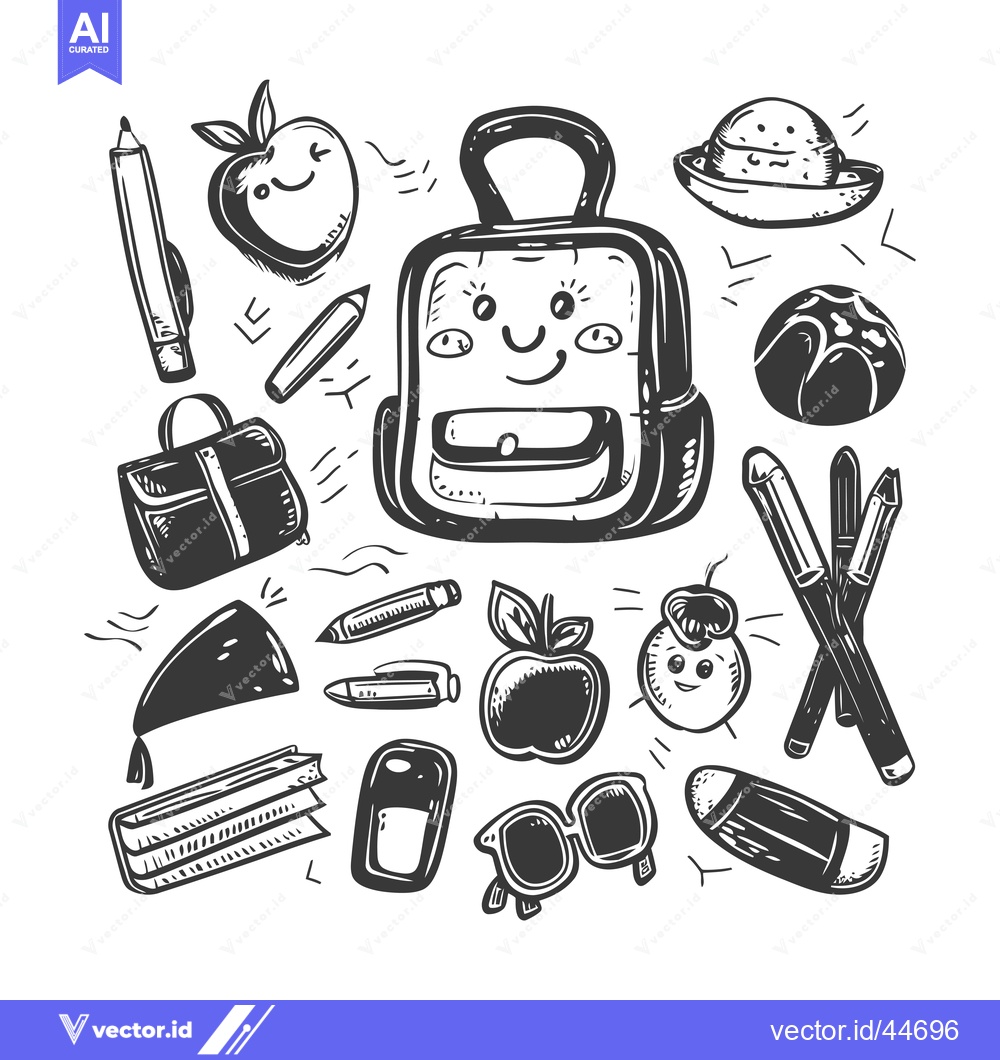 Premium Vector of Hand-Drawn Doodle Illustration of School Supplies with Backpack, Apple