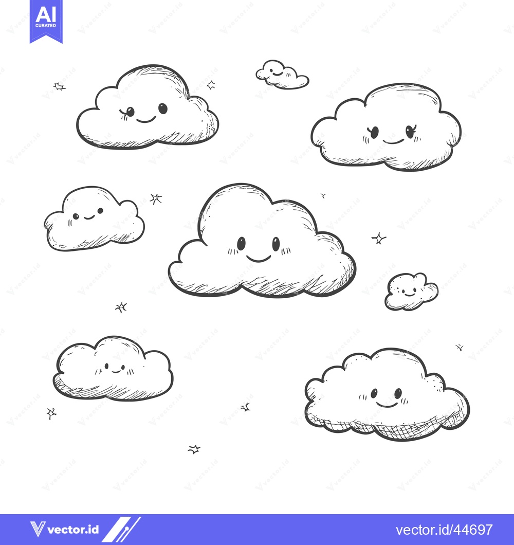 Premium Vector dari Hand-drawn doodle illustration of seven smiling clouds with stars