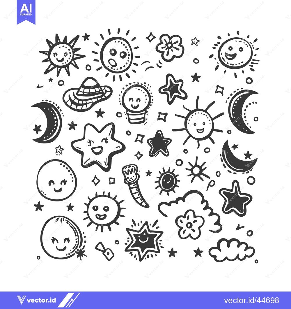 Premium Vector dari Hand-drawn Doodle Illustration of Smiling Suns, Moons, and Stars