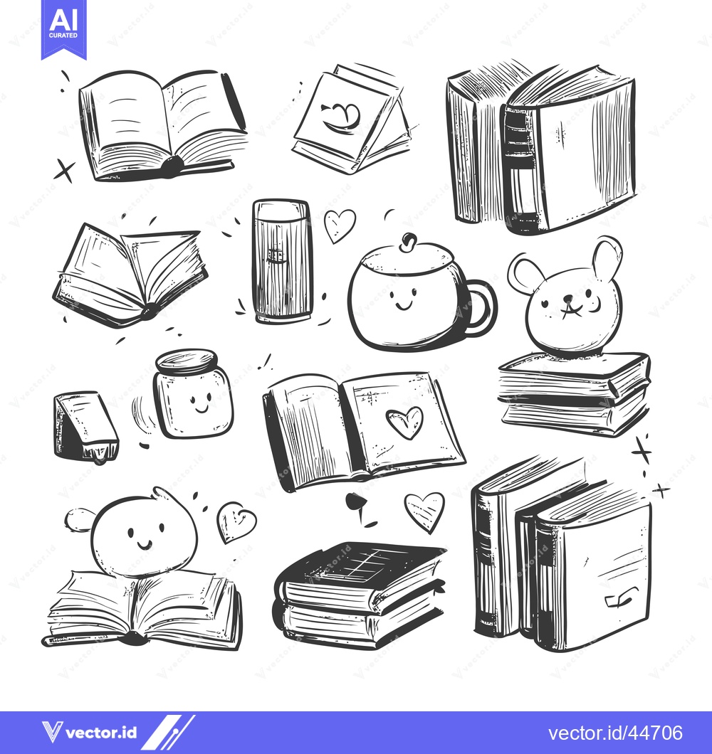 Premium Vector dari Hand-drawn doodle illustration of various books, jars, cups and cute c