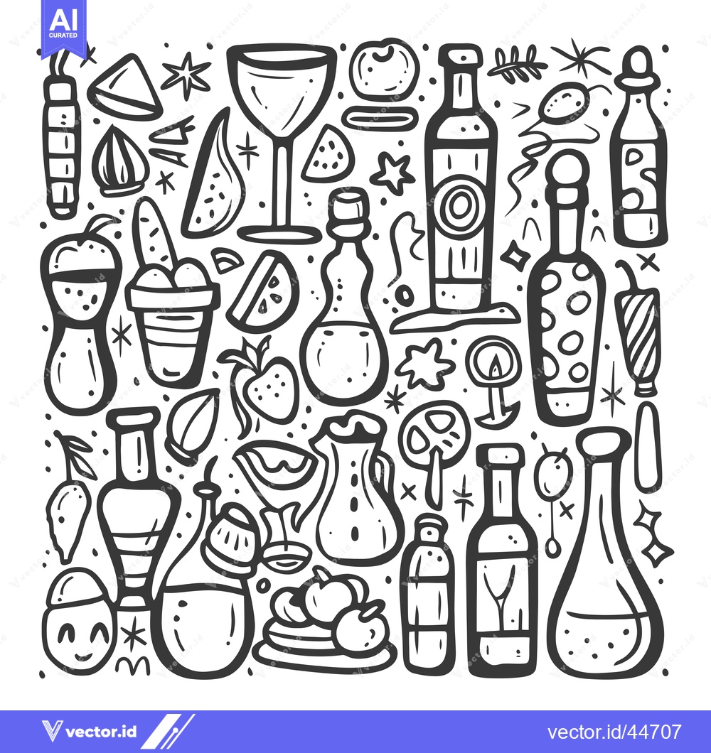 Premium Vector dari Hand-Drawn Doodle Illustration of Various Bottles, Glasses, and Fruits