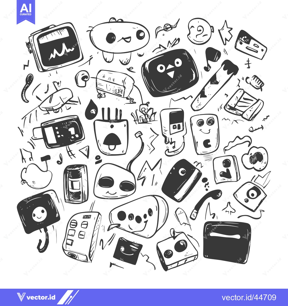 Premium Vector dari Hand-drawn doodle illustration of various cartoon robots and electroni
