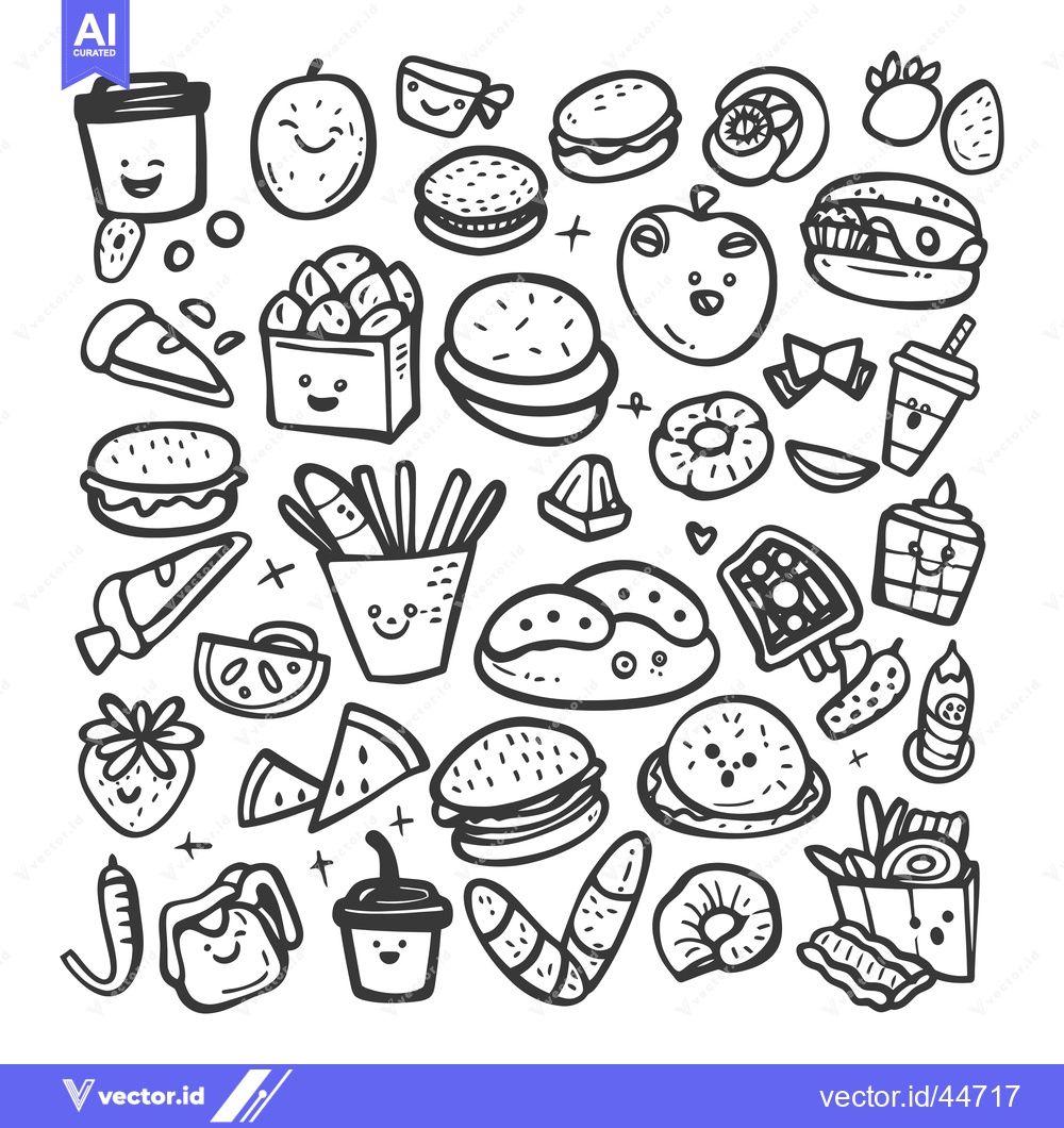 Premium Vector dari Hand-drawn Doodle Illustration of Various Food and Drinks with Smiling