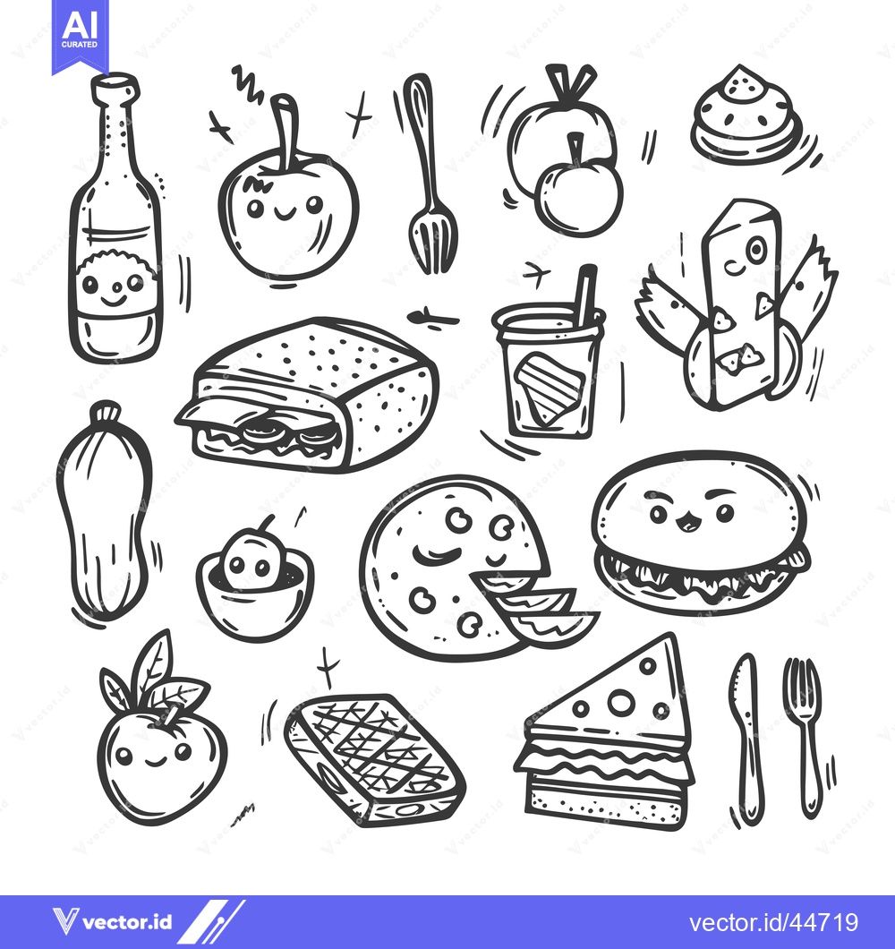 Premium Vector dari Hand-drawn Doodle Illustration of Various Food Items with Cute Faces