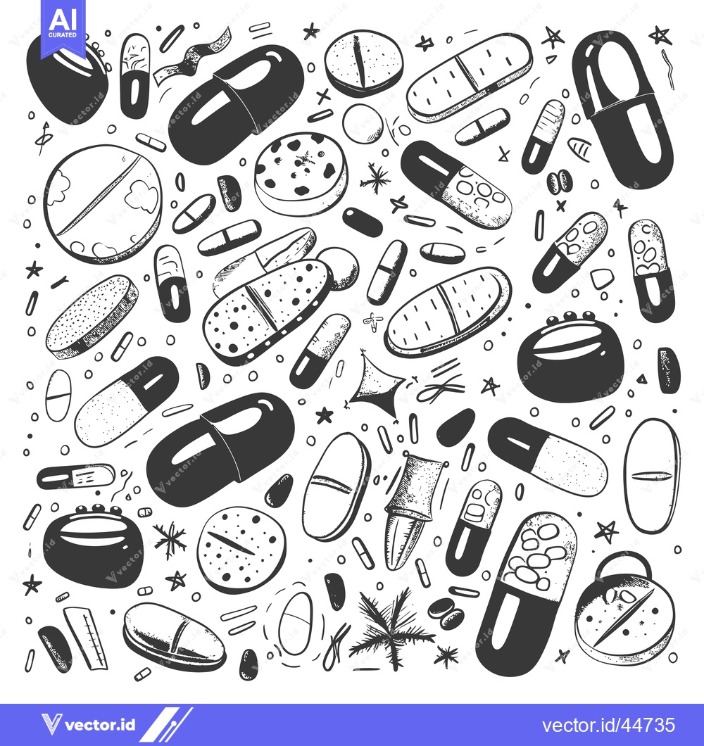 Premium Vector dari Hand-drawn doodle illustration of various pills and capsules