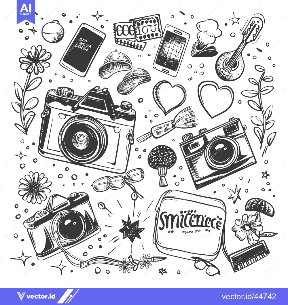 Premium Vector of Hand-drawn doodle illustration of vintage camera, flowers, and other o