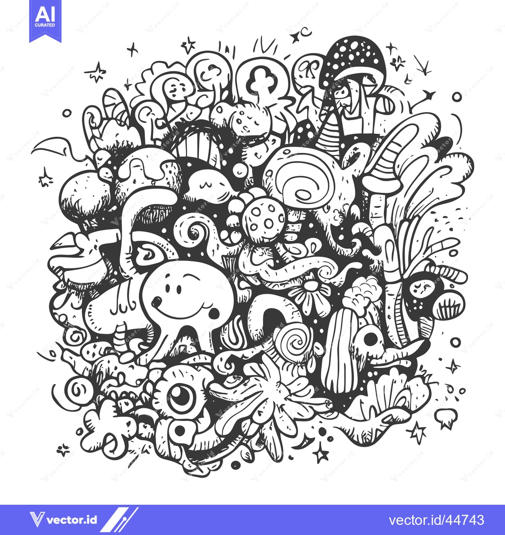 Premium Vector of Hand-Drawn Doodle Illustration of Whimsical Characters and Abstract Sh
