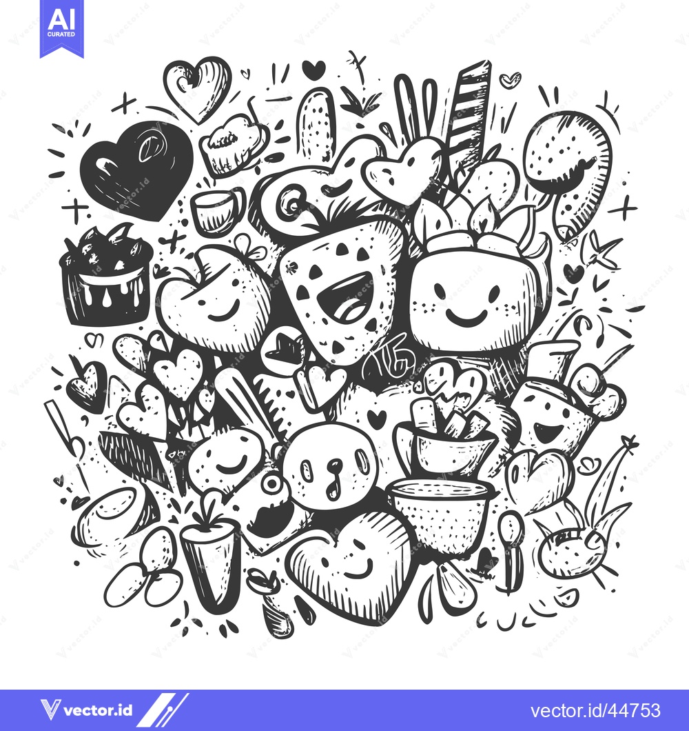 Premium Vector dari Hand-drawn Doodle Illustration with Hearts, Smiling Faces, and Objects