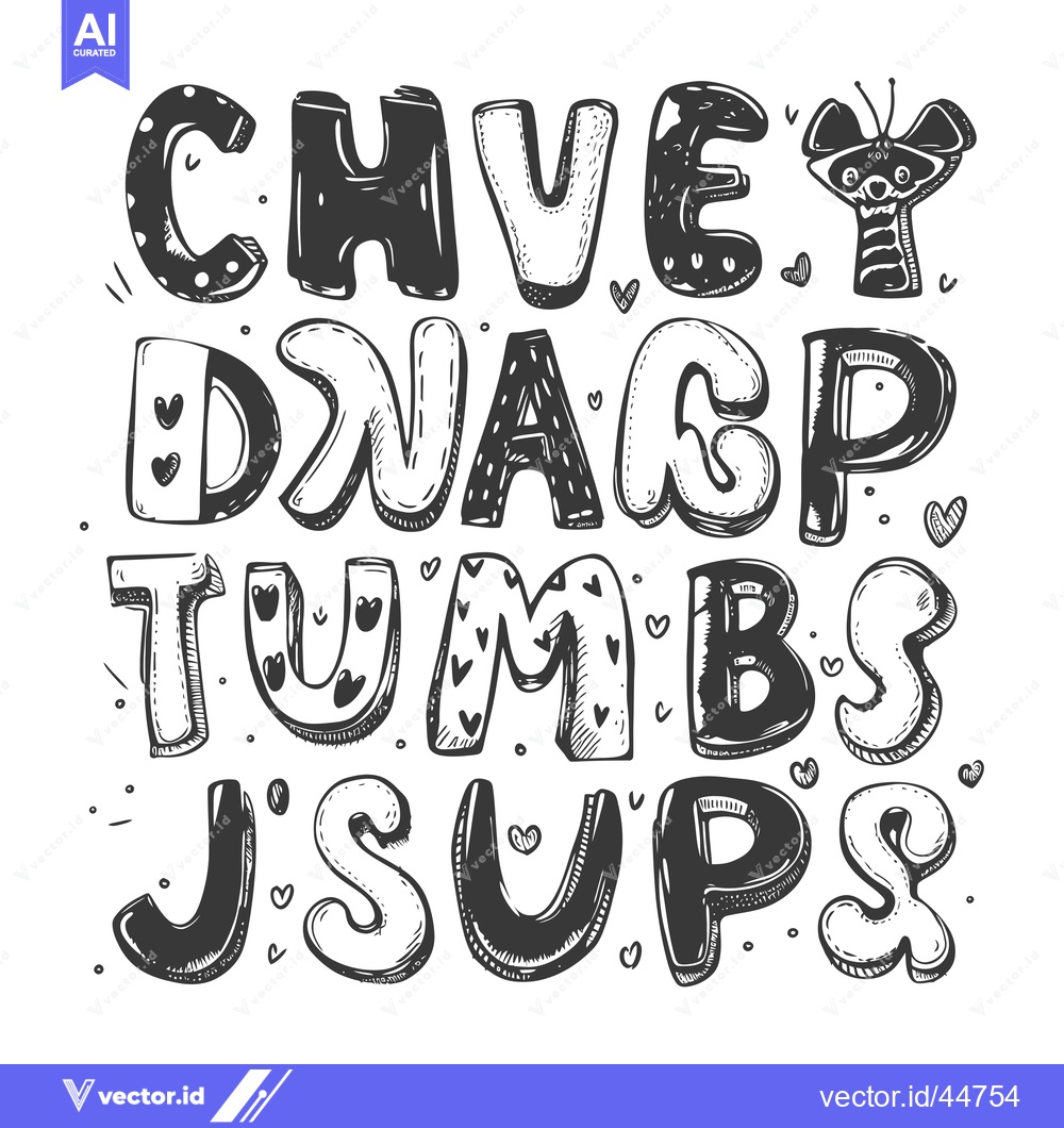 Premium Vector of Hand-drawn Doodle Letters with Hearts and a Raccoon Character