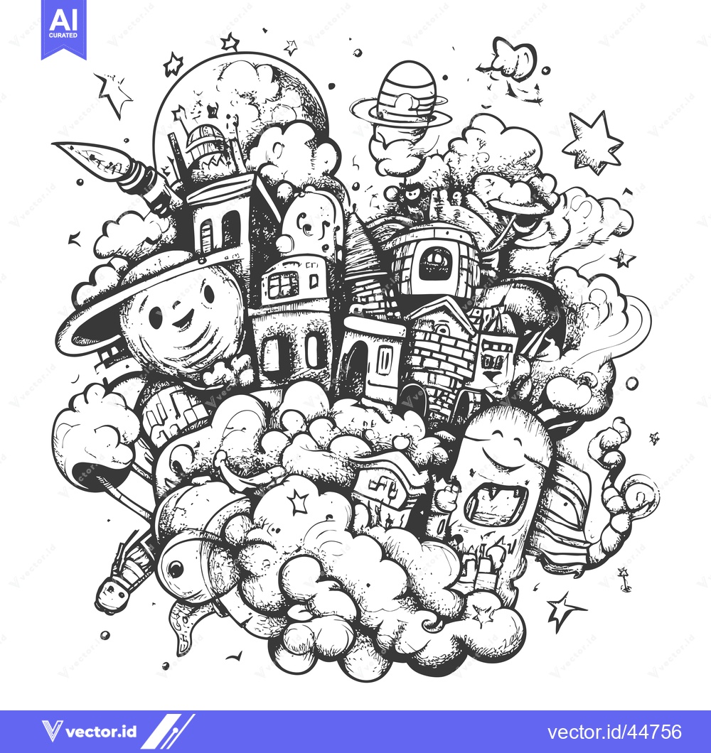 Premium Vector of Hand-Drawn Doodle of a Whimsical Space Scene with Planets, Stars, and
