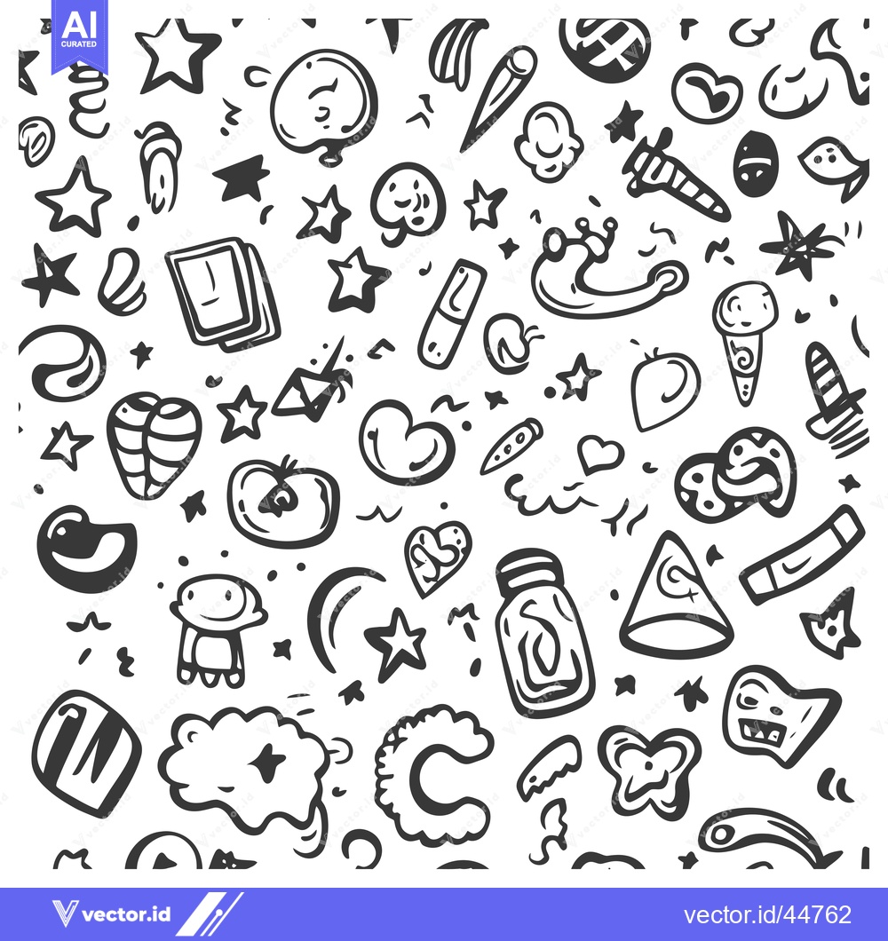 Premium Vector dari Hand-Drawn Doodle Pattern with Stars, Hearts, and Abstract Shapes