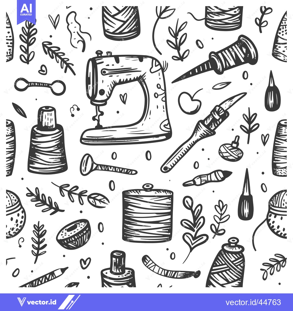 Premium Vector of Hand-Drawn Doodle Seamless Pattern of Sewing Supplies and Floral Eleme