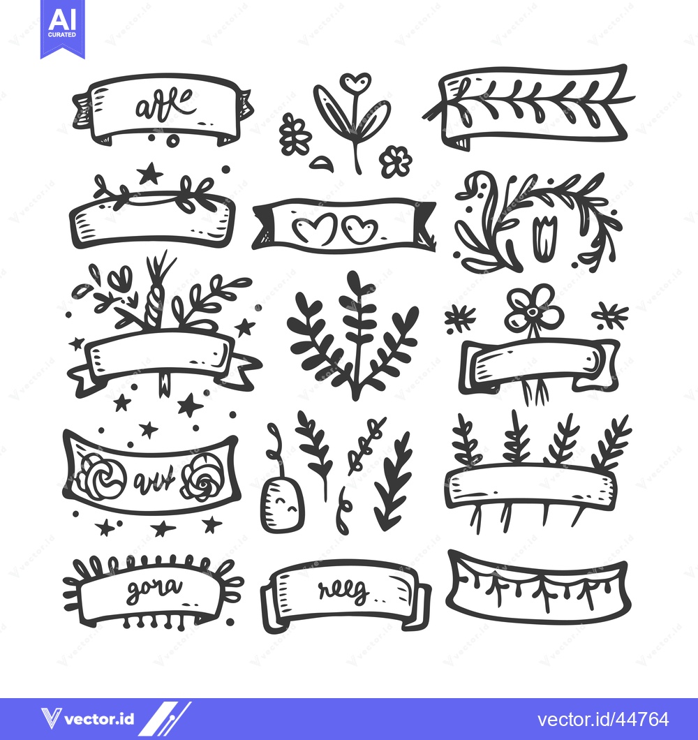 Premium Vector dari Hand-Drawn Doodle Set of Banners, Flowers, and Leaves