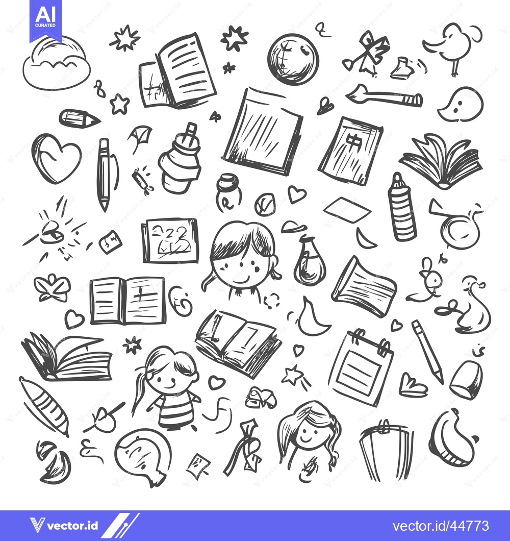 Premium Vector dari Hand-drawn doodles of various objects, including books, girls, hearts,