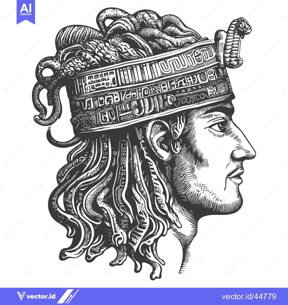 Premium Vector of Hand-drawn Engraved Illustration of a Person Wearing a Serpent Crown