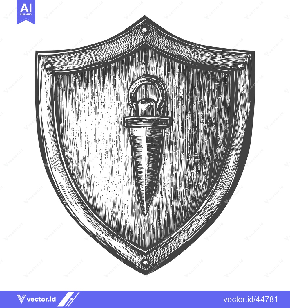Premium Vector dari Hand-Drawn Engraved Illustration of a Wooden Shield with a Metal Point