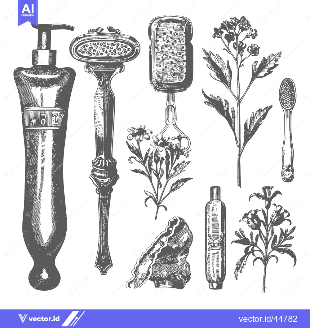 Premium Vector dari Hand-drawn Engraved Illustration of Beauty Products and Flowers