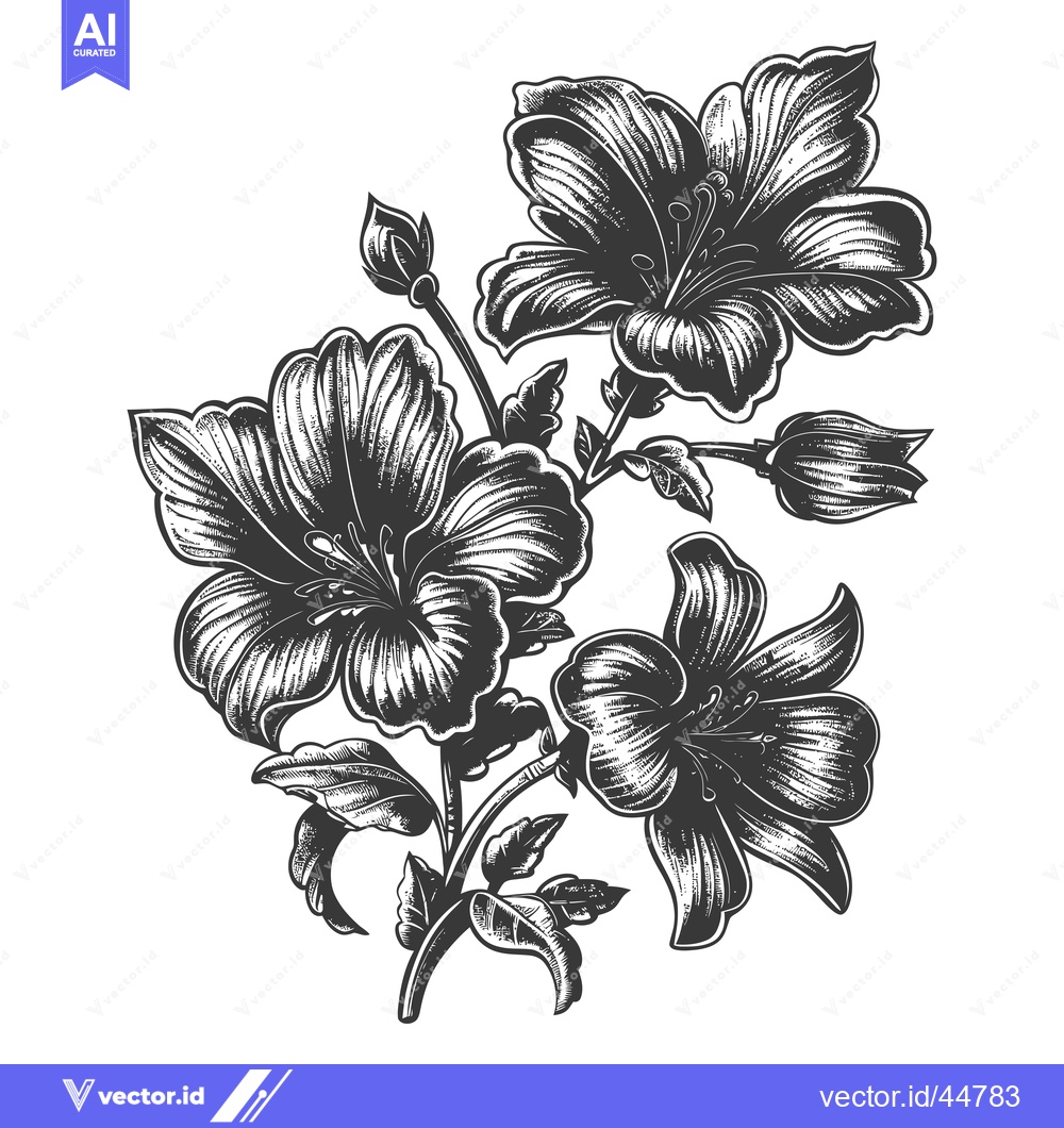 Premium Vector dari Hand-Drawn Engraved Illustration of Blooming Hibiscus Flowers
