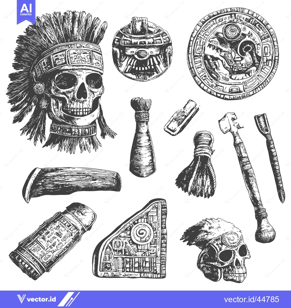 Premium Vector dari Hand-Drawn Engraved Illustration of Mayan Artifacts
