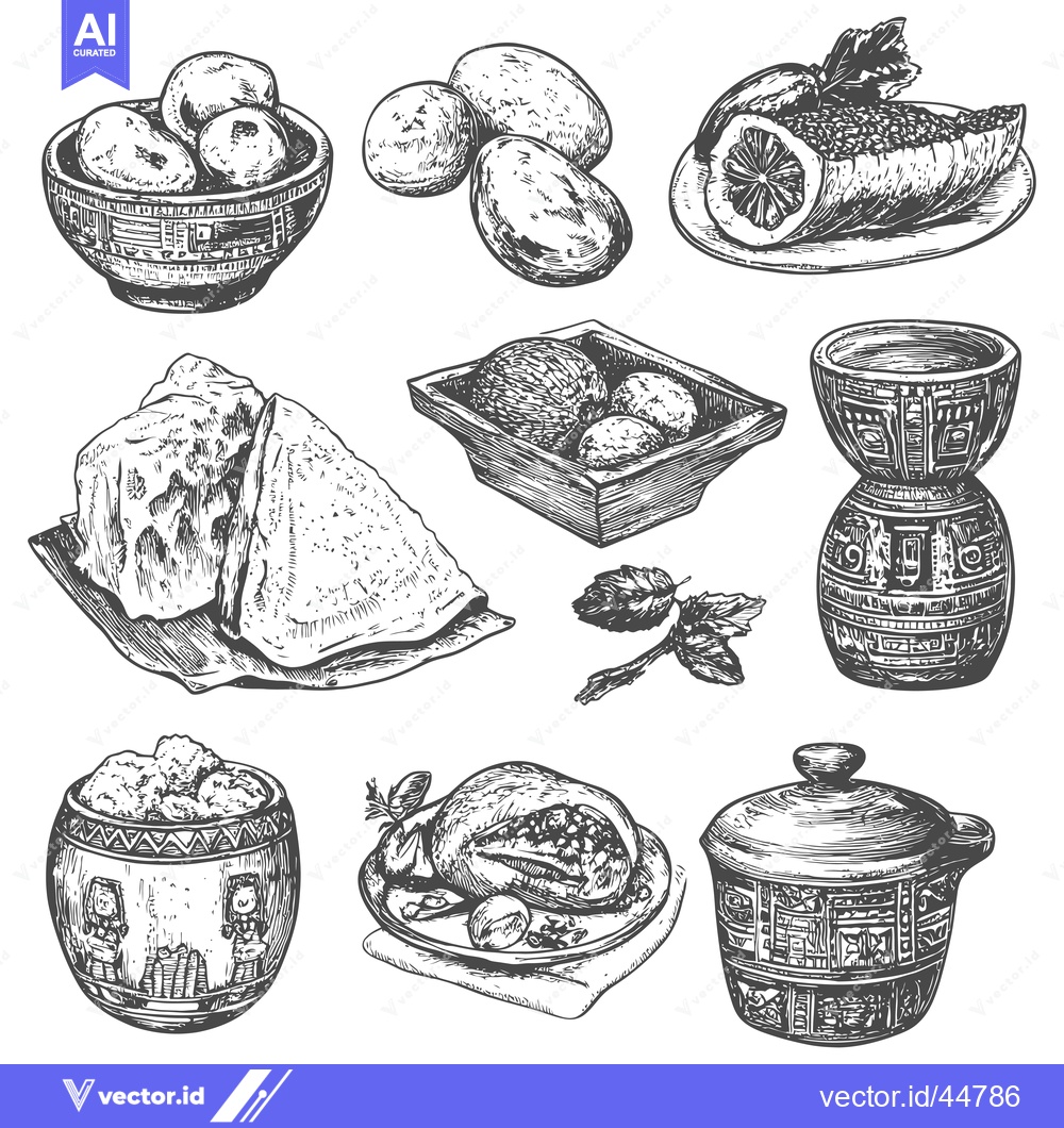 Premium Vector dari Hand-drawn Engraved Illustration of Peruvian Food and Kitchenware