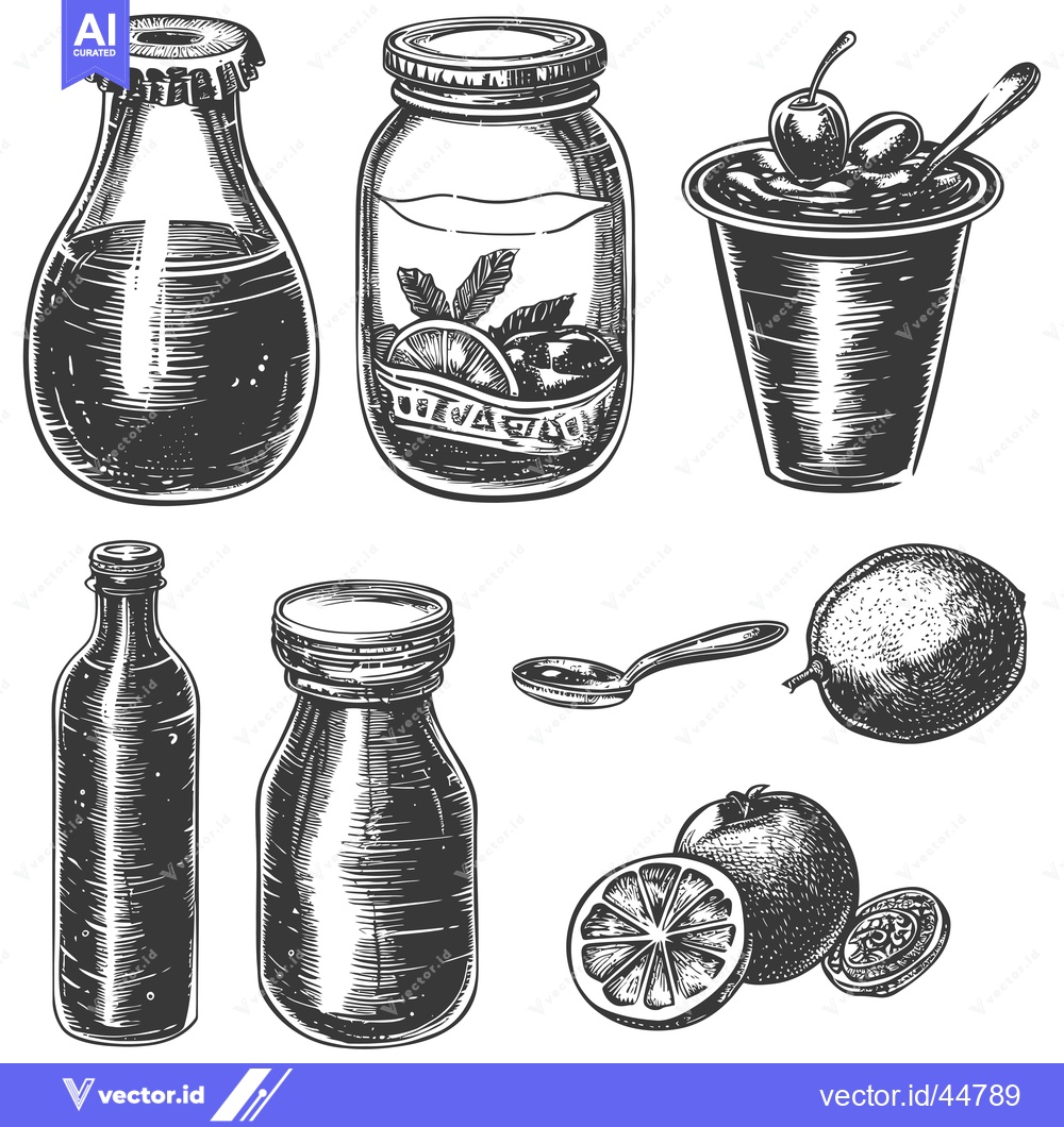 Premium Vector dari Hand-drawn Engraved Illustrations of Glass Jars, Bottles, and Fruit