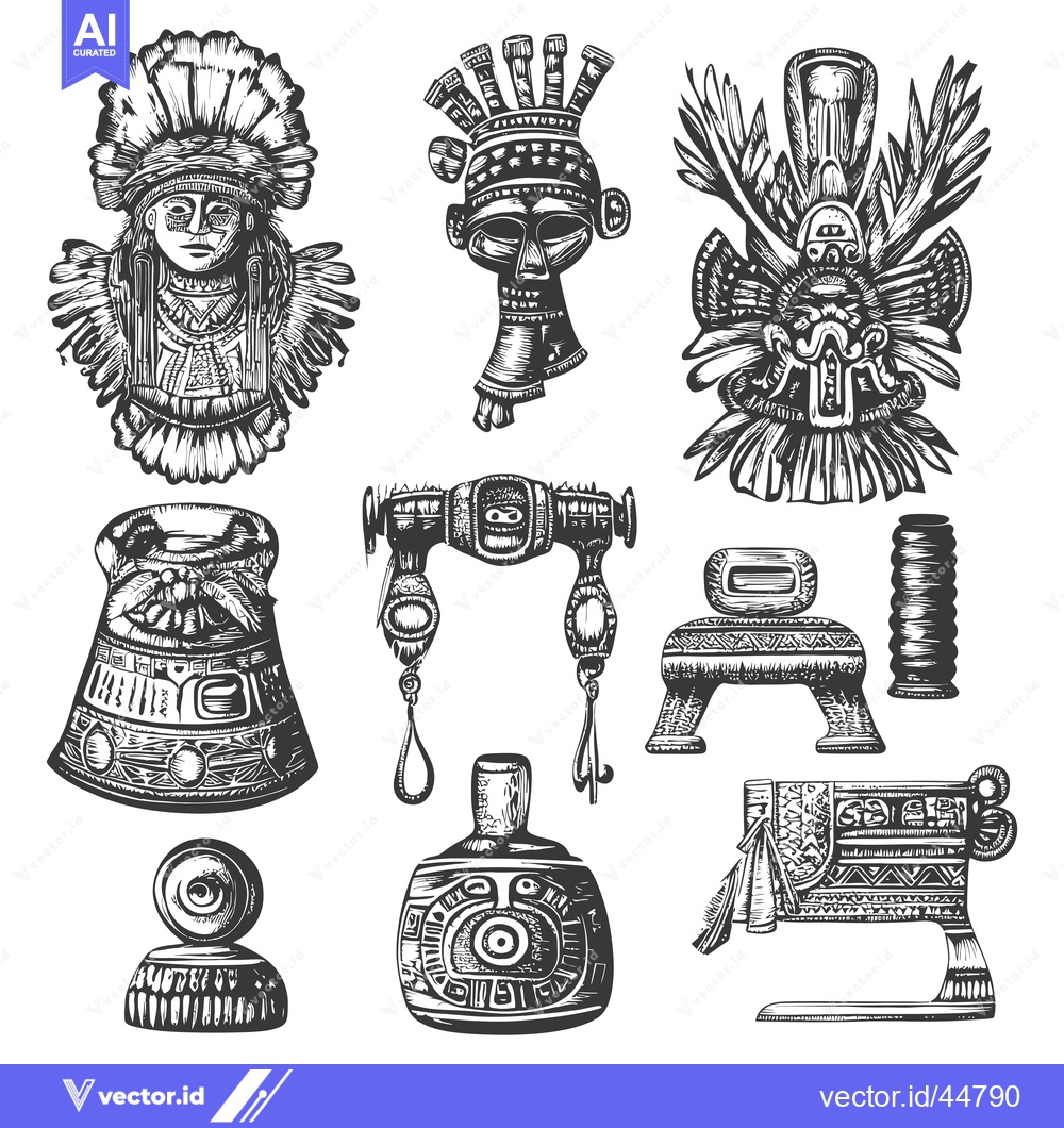 Premium Vector dari Hand-drawn Engraved Set of Ancient Mayan Artifacts