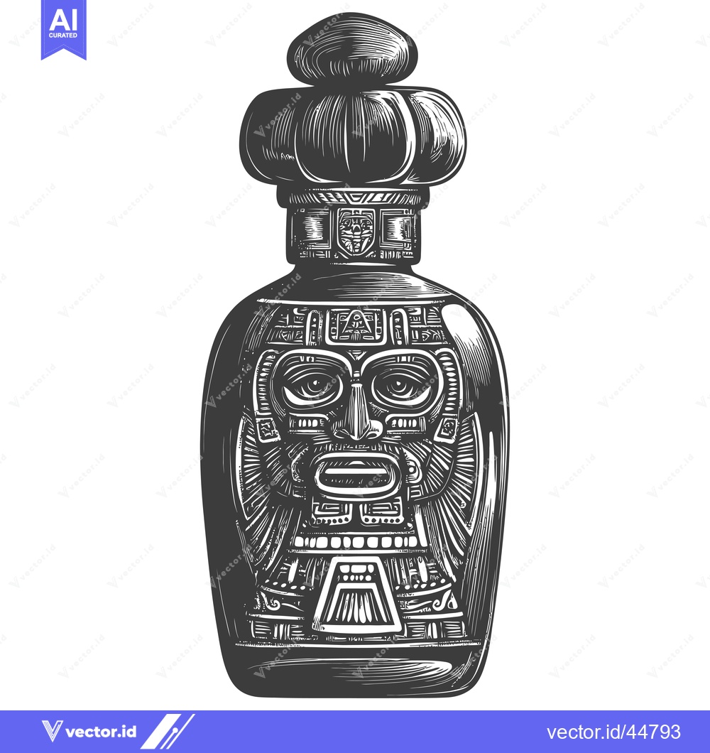 Premium Vector of Hand-Drawn Engraving of a Bottle with an Aztec Mask Design