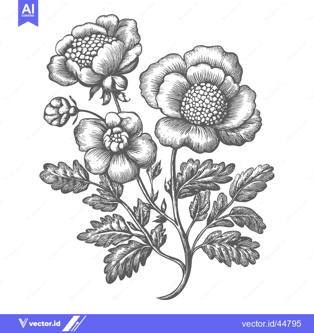 Premium Vector of Hand-drawn Engraving of a Floral Arrangement with Three Flowers and Fo