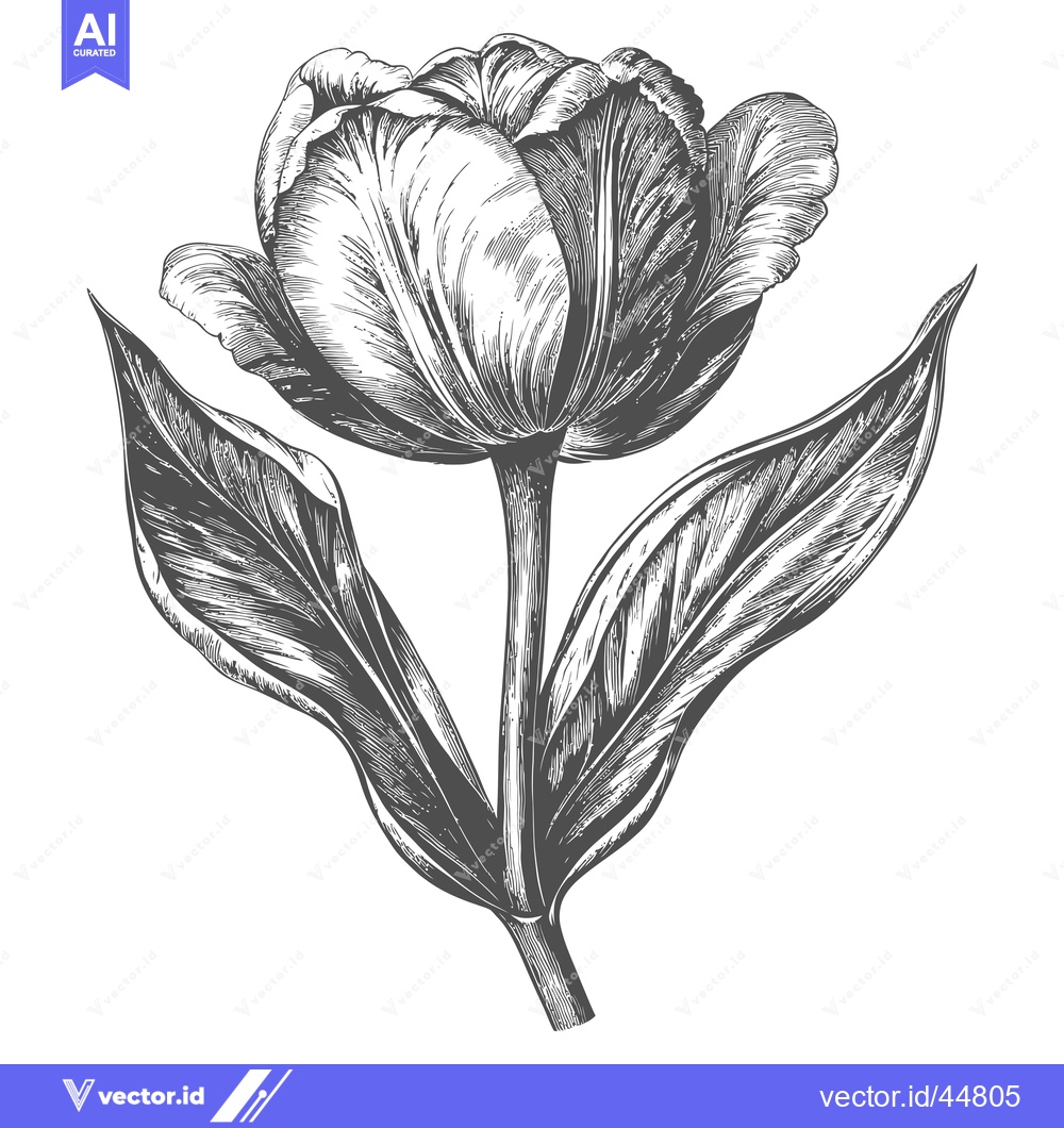 Premium Vector dari Hand-Drawn Engraving of a Single Tulip with Stem and Leaves