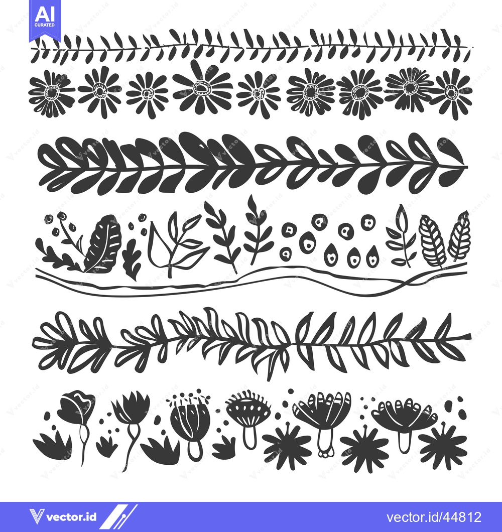 Premium Vector of Hand-drawn floral borders with various stylized flowers and leaves