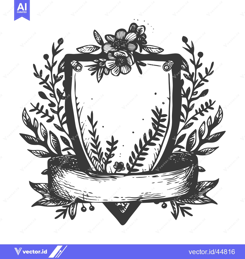Premium Vector dari Hand-Drawn Floral Crest with Blank Banner and Shield