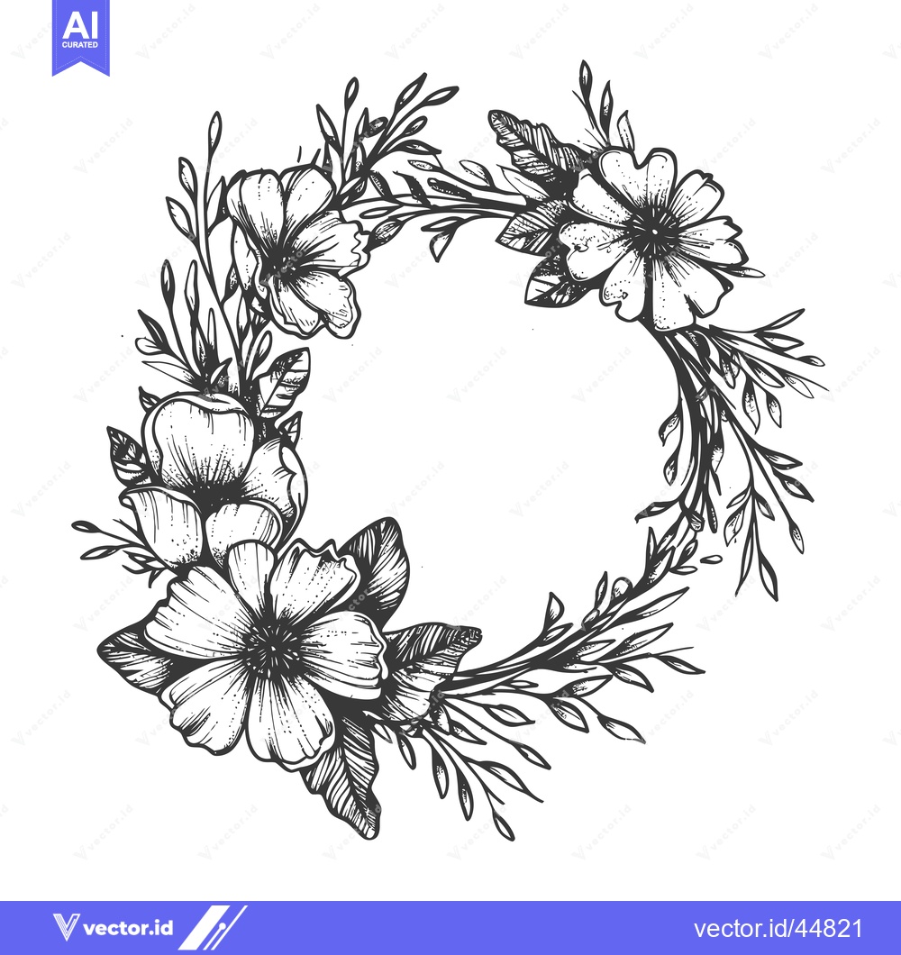 Premium Vector dari Hand-Drawn Floral Wreath with Black and White Flowers and Leaves