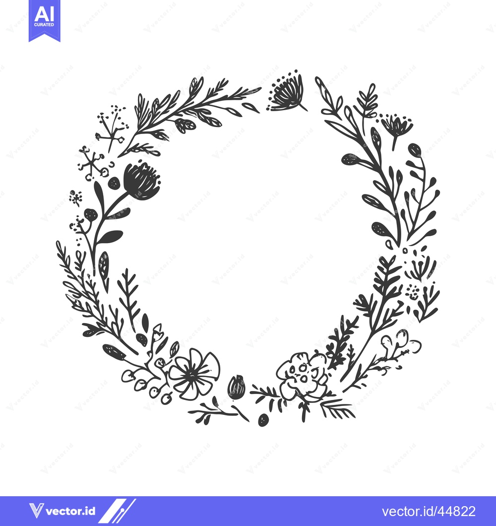 Premium Vector dari Hand-drawn floral wreath with black ink outline