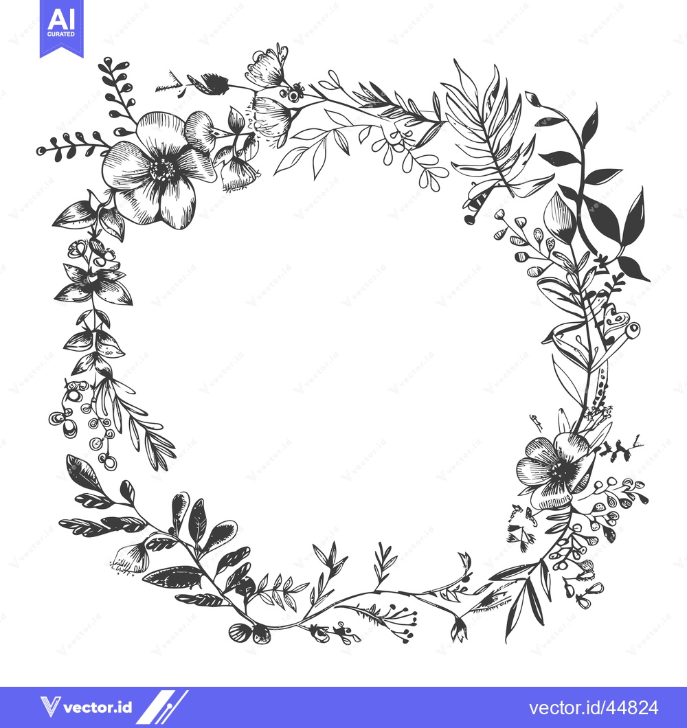 Premium Vector dari Hand-Drawn Floral Wreath with Delicate Blooms and Foliage