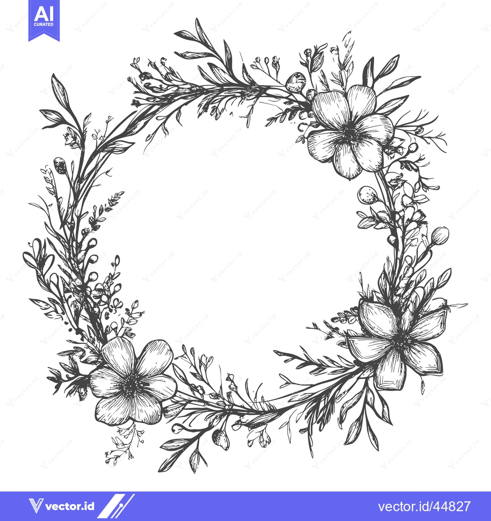 Premium Vector of Hand-drawn Floral Wreath with Delicate Flowers and Foliage